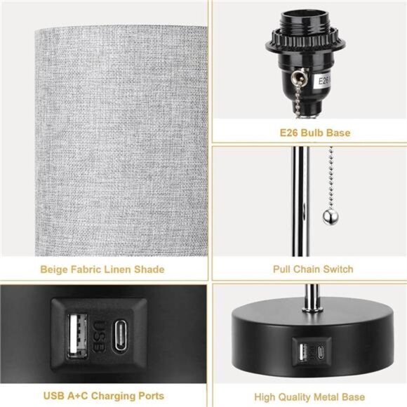 3-Color Temperature Bedside Lamp Nightstand Lamp with USB A Port and C Port - Picture 6 of 7